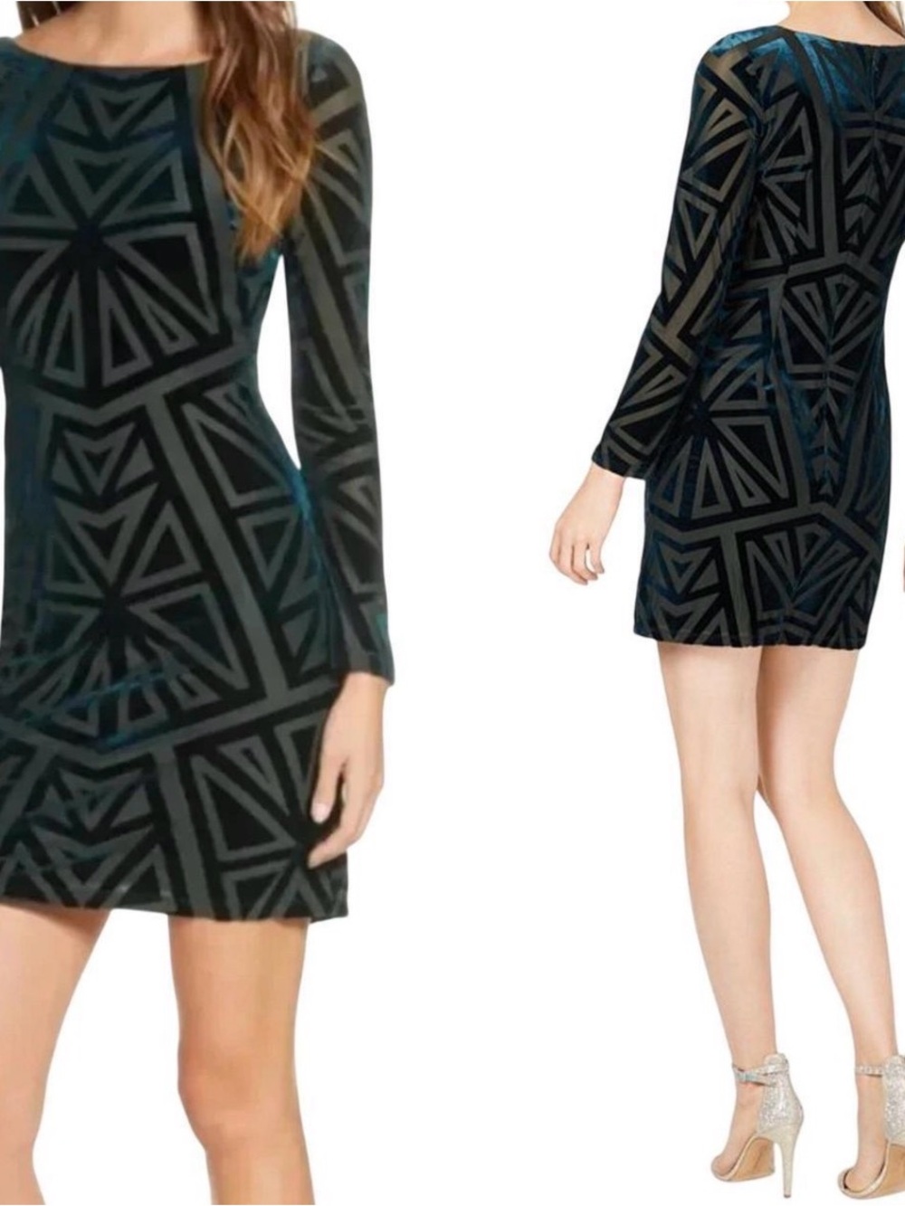 Vince Camuto Green Velvet Geometric Long Sleeve Mini Dress